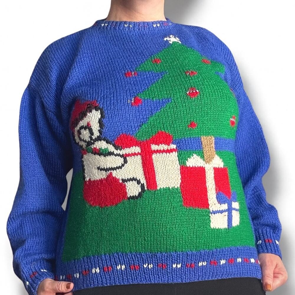 Vintage 90s Allen Solly Wool Christmas Holiday Sweater Tree Gifts Santa Hat Blue